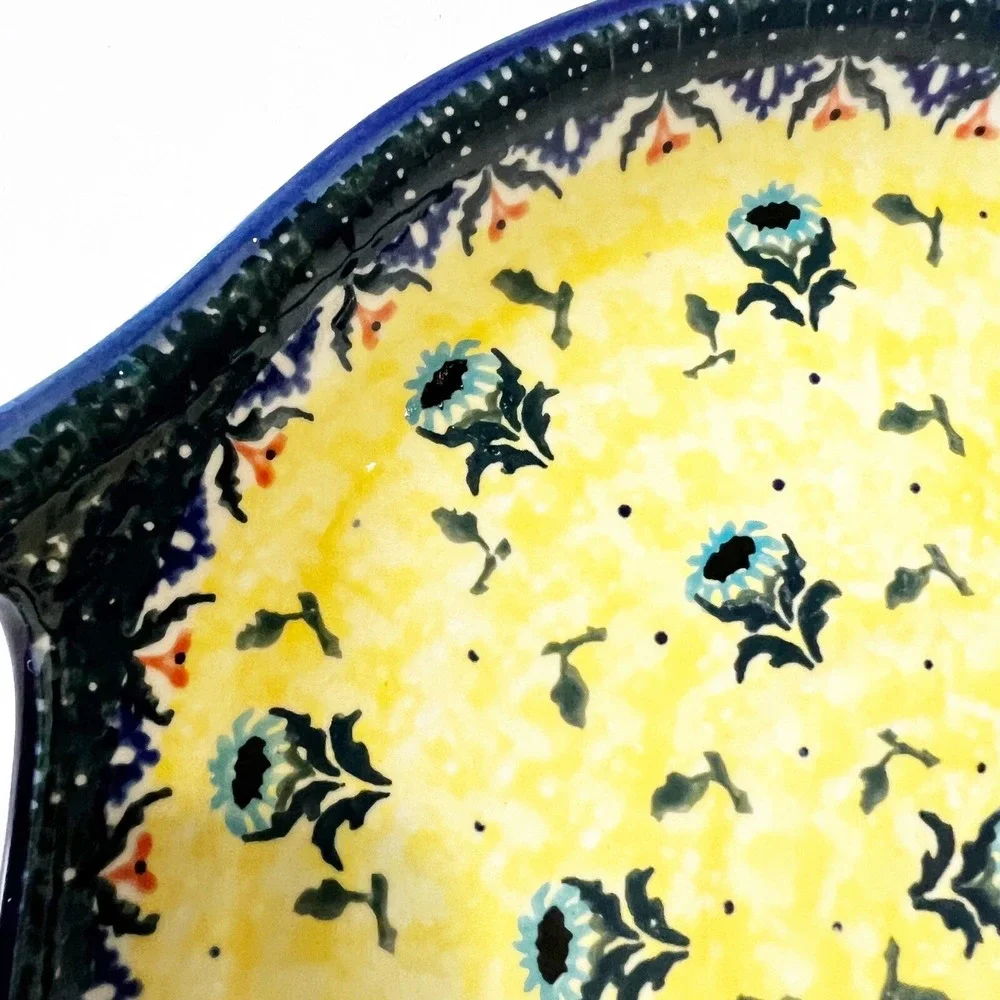 Boleslawiec Polish Pottery Yellow Blue Round Serving Tray w/ Handles Coneflower